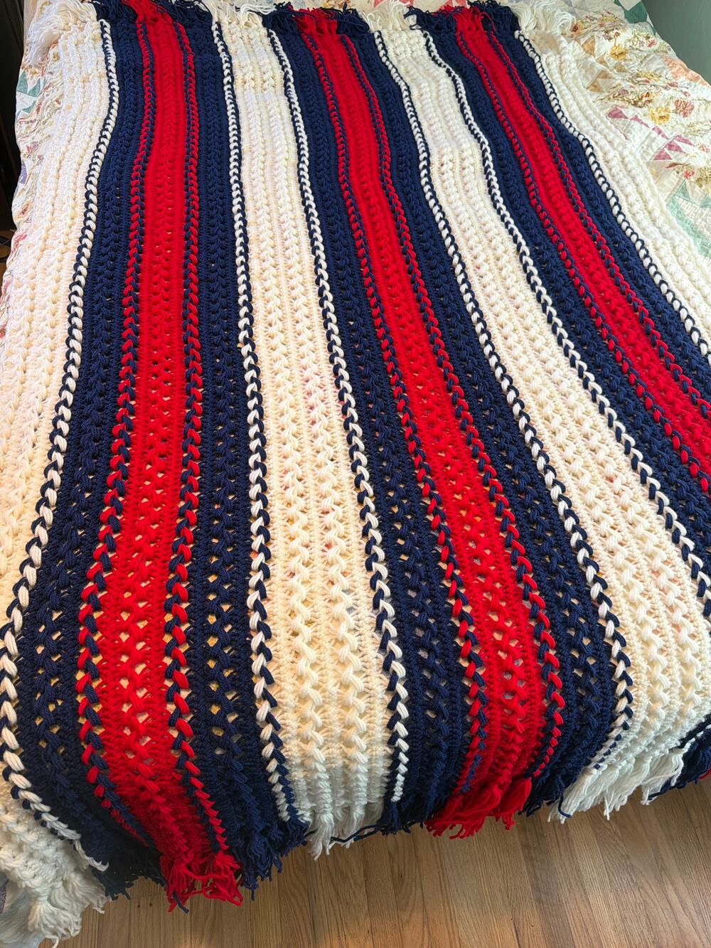 Vintage Hand Crocheted Red White Blue Throw Blanket 57x89 Patriotic Afghan USA